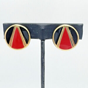 Vintage Napier Red Black Enamel Earrings Clip On Geometric Design Gold Tone 80s